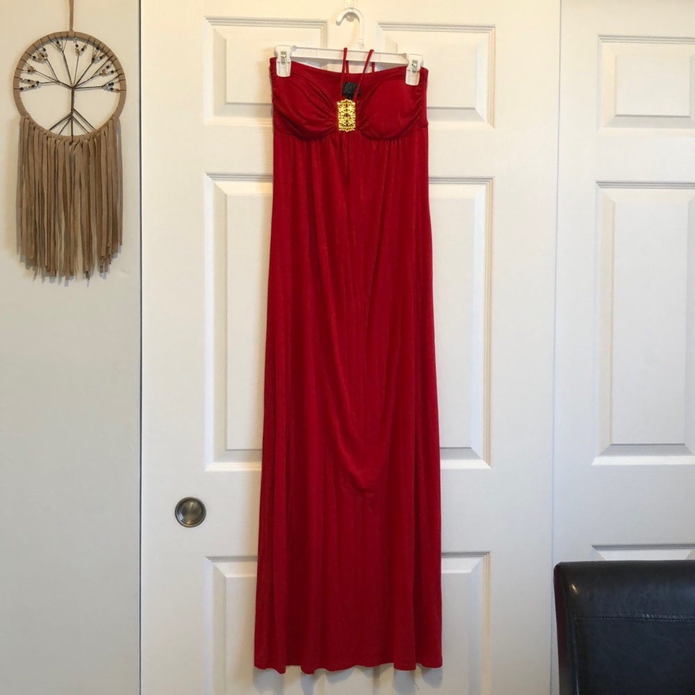 Red Maxi Dress with Gold Accent Piece